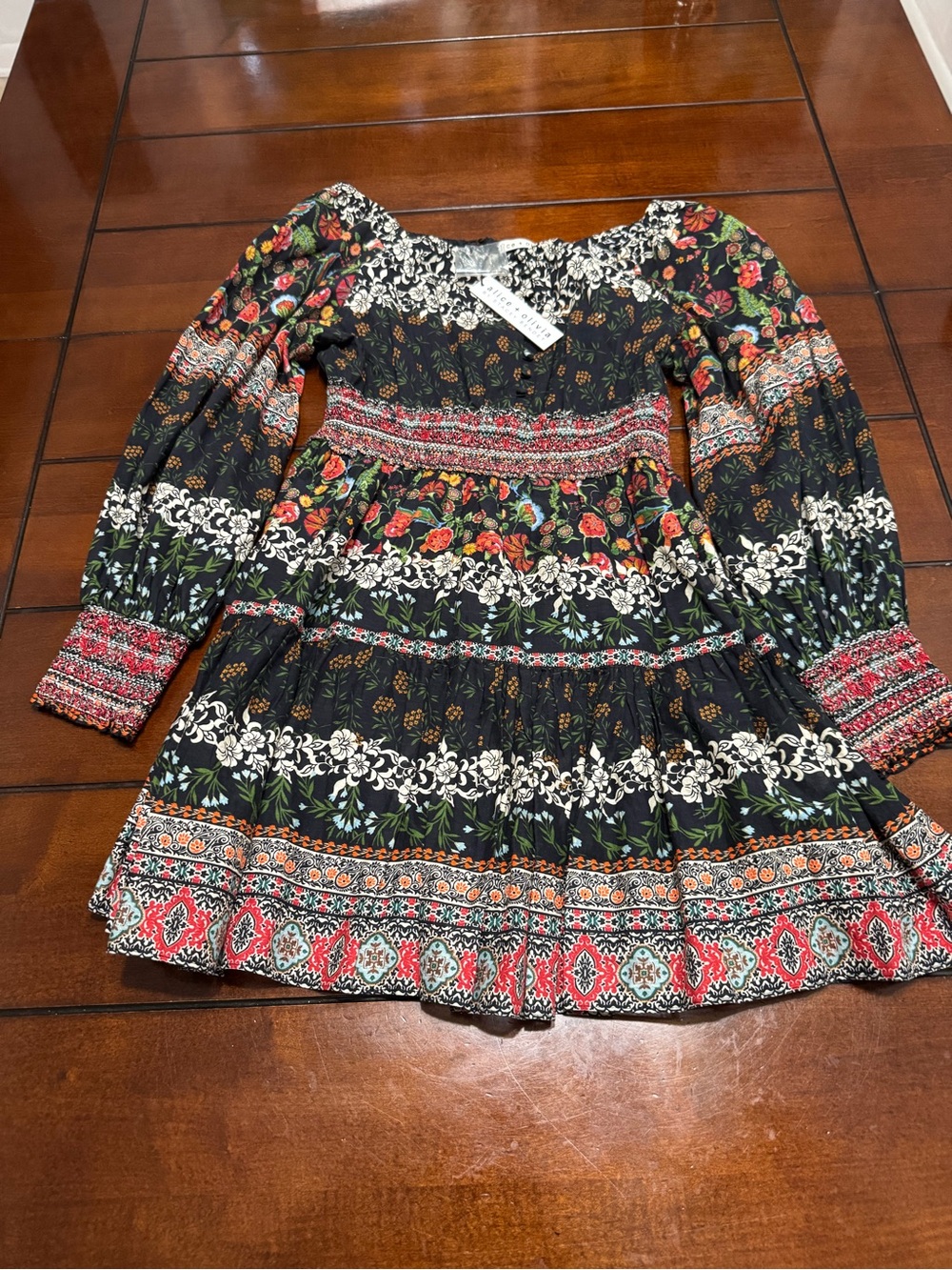 Alice + Olivia Black Multi Floral Long-Sleeve Smocked Dress NWT